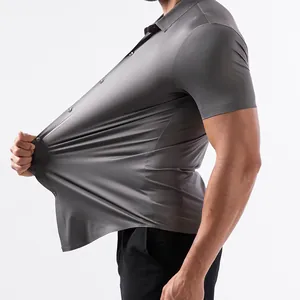 Detail of men's dark gray shirt showing extreme high-elasticity fabric stretch performance.