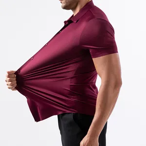 Macro detail view showing the extreme stretch and elasticity of wine red short-sleeve shirt