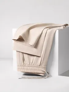 Breathable beige linen-blend men's straight trousers with elastic drawstring waist
