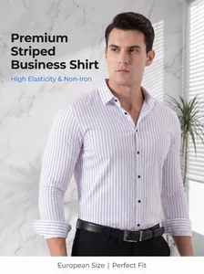 Detailed view of premium striped business shirt showing professional fit and texture on model
