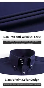 Close-up of navy blue men's shirt showing wrinkle-resistant fabric and diamond buttons.