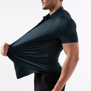 Close-up showing the high elasticity and smooth fabric of men's short sleeve shirt