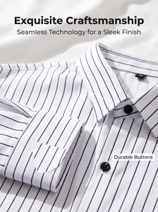 Macro detail of a white striped shirt showing exquisite craftsmanship and durable buttons.
