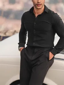 Chemise business noire pour homme, coupe ajustée, tissu soyeux extensible 4 sens