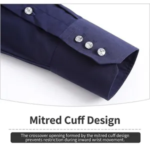 Close-up view of navy blue dress shirt mitered cuff featuring elegant crystal buttons