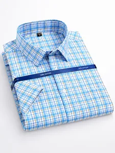 Premium men's 100% cotton blue plaid short sleeve shirt, iron-free and neatly folded