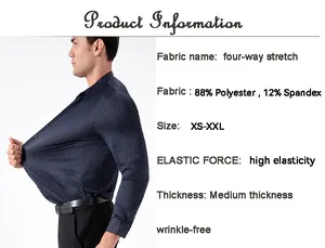 Detail of men's high stretch pinstripe shirt showing fabric info and elasticity.