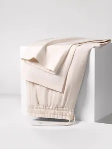 Breathable cream off-white linen straight-leg pants for men with elastic drawstring waist