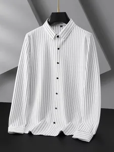 Front view of men's long-sleeve white shirt with black vertical stripes and black buttons.