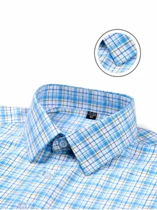 Close-up of men's blue plaid 100% cotton short sleeve shirt collar detail.