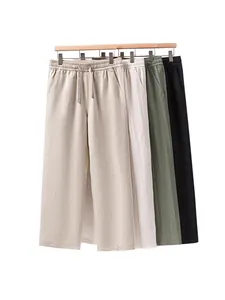 Breathable men's linen-blend straight-leg casual trousers with elastic drawstring waist