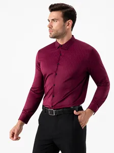 Detail view of men's burgundy striped long-sleeve shirt with high-stretch fabric