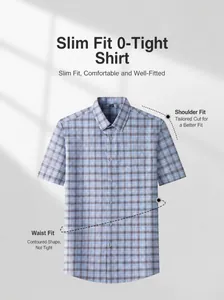 Men's blue plaid 100% cotton short sleeve shirt featuring a professional tailored fit