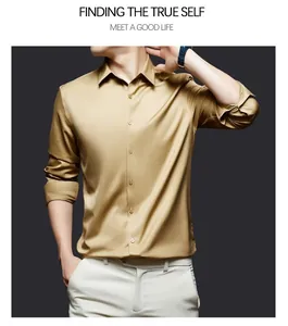 Detail view of men's champagne gold silk satin shirt with elegant glossy texture.