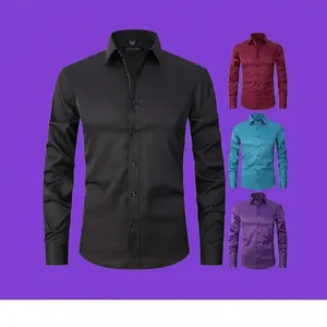 Detailed product display of men's slim fit long sleeve shirts in four various colors