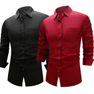 Close-up detail of slim-fit men's formal dress shirts in elegant black and wine red