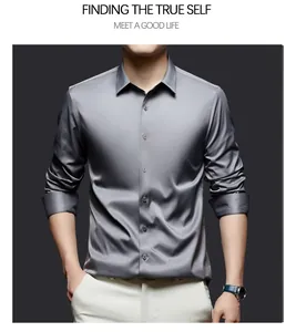 Close-up of premium grey silk satin men's business shirt featuring wrinkle-free fabric