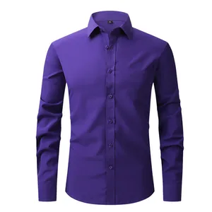 Slim fit men's purple long-sleeve dress shirt in premium four-way stretch fabric