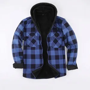 Blue and black plaid hooded flannel jacket with warm black fleece lining for men