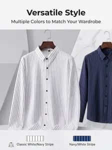 Detail showing white and navy blue striped long-sleeved men's non-iron casual shirts