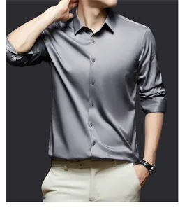 Close-up of grey silk satin men's dress shirt with wrinkle-free fabric.