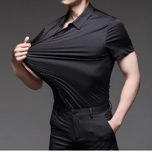 High-elasticity black short-sleeved men's shirt with silky non-iron fabric for business