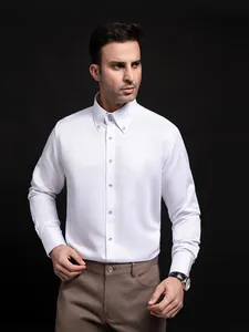 Men's premium white long-sleeved business casual shirt featuring decorative diamond buttons