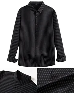 Close-up view showing the fabric texture and collar detail of a black striped men's shirt