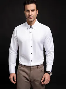 Elegant men's white long-sleeved business casual shirt with decorative diamond buttons
