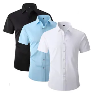 Collection of men's slim fit short-sleeved button-down shirts in black, blue and white
