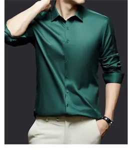 Men's dark green silk satin long sleeve shirt, elegant wrinkle-free business casual fit