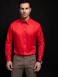 Professional red long-sleeved business casual shirt for men with elegant diamond buttons