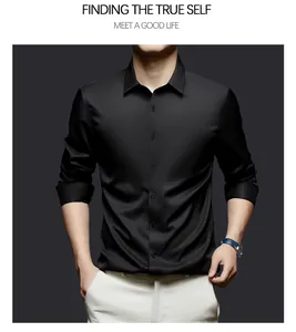 Detailed view of a black satin long-sleeve dress shirt for men with silk-like finish