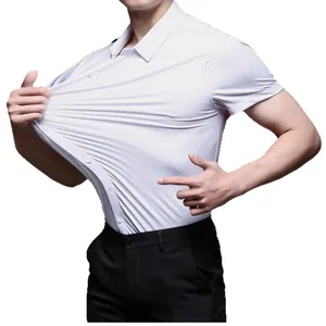 Premium high-stretch white business casual men's short sleeve shirt showing elasticity