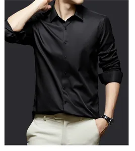 Detail of premium black silk satin fabric on a wrinkle-free men's business shirt