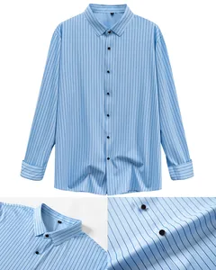 Detail view of light blue striped business casual shirt with high elasticity.