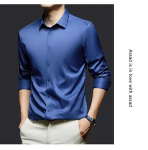 Detail view of a blue men's wrinkle-resistant silk satin shirt for business casual wear