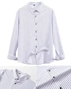 Close-up of high-stretch striped men's shirt showing fabric texture and collar detail