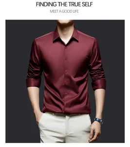 Detailed macro view of a luxury burgundy silk satin men's shirt with non-iron texture