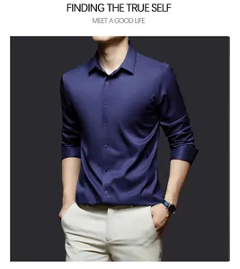 Close-up of men's navy blue satin shirt showing professional fit and fabric texture