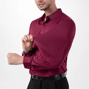 Detail shot showing high stretch fabric of men's burgundy pinstripe long sleeve shirt