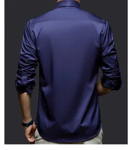 Back view detail showing the premium texture of deep blue satin non-iron dress shirt for men