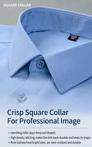 Close-up detail of the sharp square collar and fabric texture on a blue men's shirt