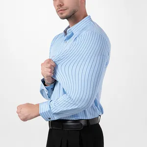 Detail view of light blue striped shirt showing high elasticity and fabric texture