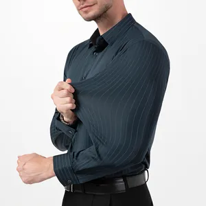 Close-up of high-elastic striped men's shirt demonstrating fabric stretchability