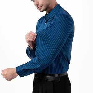 Detailed side view of a men's blue striped shirt showing high-stretch fabric elasticity