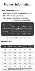 Detailed size chart and fabric specifications for men's long-sleeve silk blend shirt