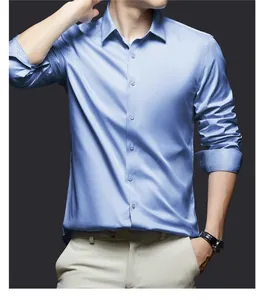 Men's light blue long-sleeve satin shirt with a smooth wrinkle-resistant finish