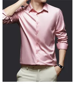 Close-up of premium pink satin men's shirt with non-iron and wrinkle-resistant fabric texture