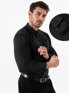 Men Business Casual High Elastic Striped Shirt Non-Iron Wrinkle Free Long Sleeve Lapel Top Slim Fit Office Daily Wear Shirt